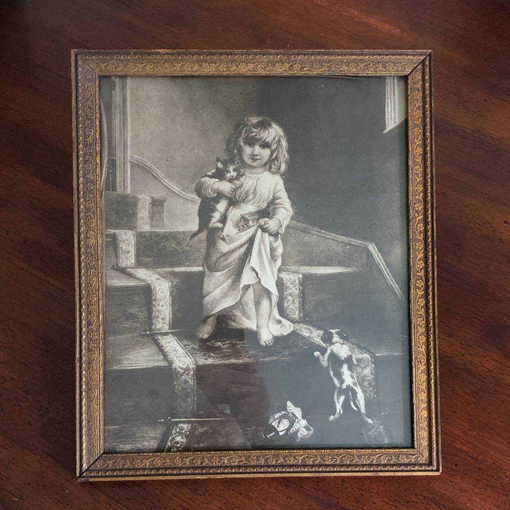 Vintage Victorian Print by Edward Charles Barnes Girl with Kitten and Puppy